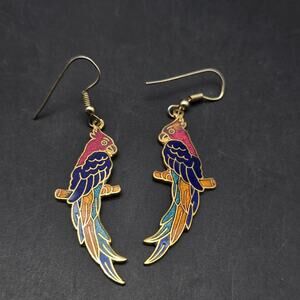 Cloisonne Parrot Bird Earrings Dangle Drop Vintage 1980s